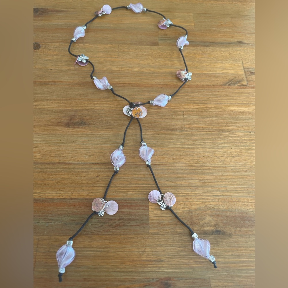 Handmade Pink Foil Lined Glass Twist Bead Lariat Necklace w/ Butterflies Beads